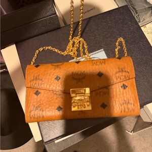 MCM Cognac Leather Clutch with Gold Chain